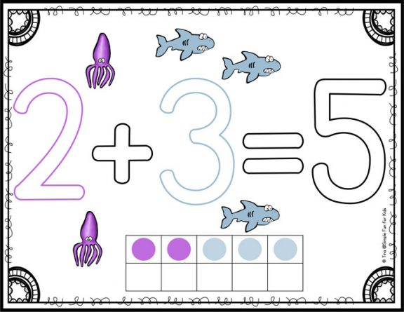 Once your kids have counting down pat, it’s time to delve into addition. This Ocean Creatures Addition Printable Ebook includes ten different addition activities perfect for math centers for kindergarten or to play with at home.