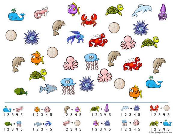 Once your kids have counting down pat, it’s time to delve into addition. This Ocean Creatures Addition Printable Ebook includes ten different addition activities perfect for math centers for kindergarten or to play with at home.
