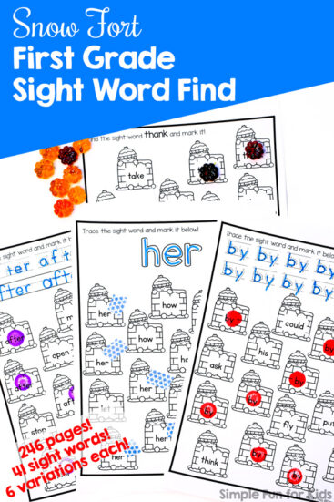 Practice all 41 first grade sight words with this cute no-prep Snow Fort First Grade Sight Word Letter Find for kindergarten and first grade! All in b&w to help you save ink and with six versions for each sight word for a total of 246 pages.