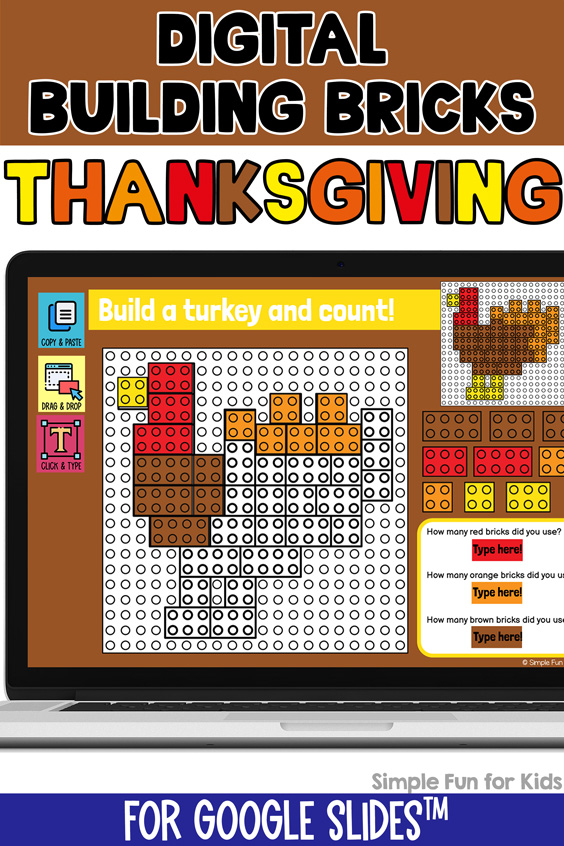 Ten fun EDITABLE Thanksgiving-themed digital LEGO challenges for Google Slides and Google Classroom. Students can practice skills such as copying & pasting, dragging & dropping, typing in text boxes, and counting in a super-engaging way.