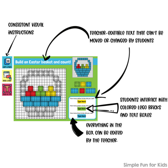 Ten fun and engaging EDITABLE Easter-themed digital LEGO challenges for distance learning with Google Slides and Google Classroom. Students can practice skills such as copying & pasting, dragging & dropping, typing in text boxes, and counting in a super-engaging way.