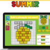 Product image for Digital Building Bricks Summer Challenge. At the top, it says Digital Building Bricks in black on a yellow background and Summer in rainbow colors. In the middle of the image, there's a laptop screen showing one slide from the build and count challenges. At the bottom, it says For Google Slides in white on a blue background.