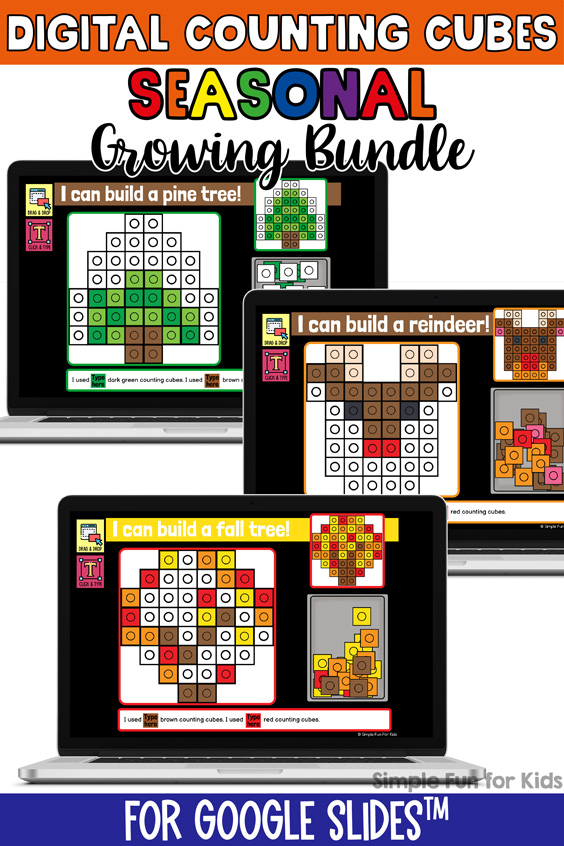 Growing bundle of 15 sets of 10 digital seasonal counting cubes challenges for the whole year. Great digital fine motor practice and a fun way to connect to the joy of using counting cubes during distance learning.